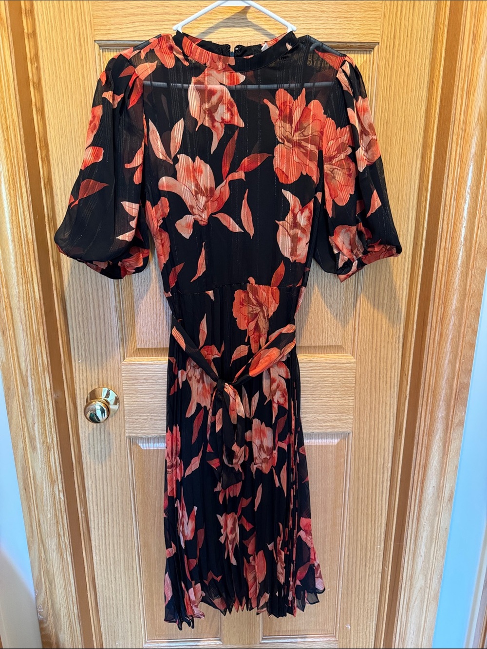 Nanette Lepore Black Midi Dress with Coral-Red Floral Print